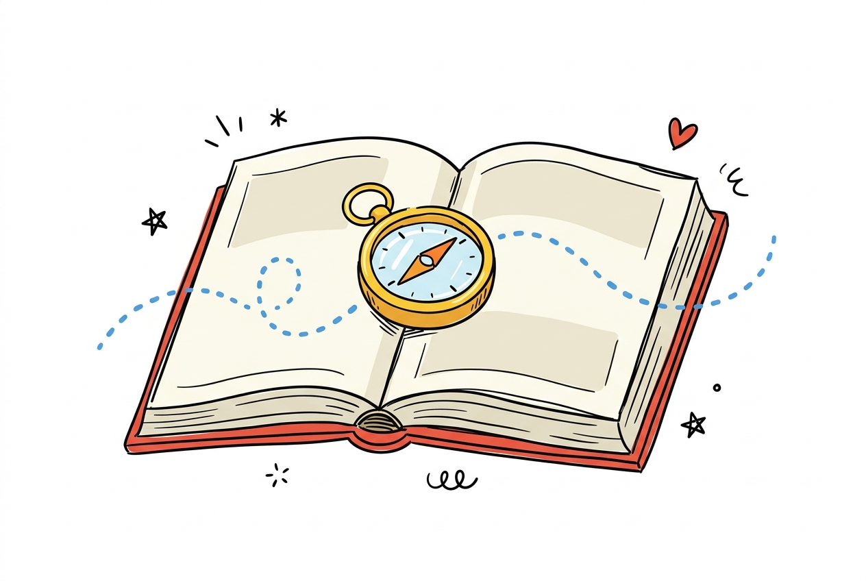 A cheerful hand-drawn doodle of a golden pocket compass with an orange needle resting at the centre of a wide-open hardback book with a red cover, a curving blue dashed trail tracing from the left page through the compass across to the right side of the spread, with small black stars, a red heart, and curling squiggle doodle marks scattered around the scene on a clean white background.