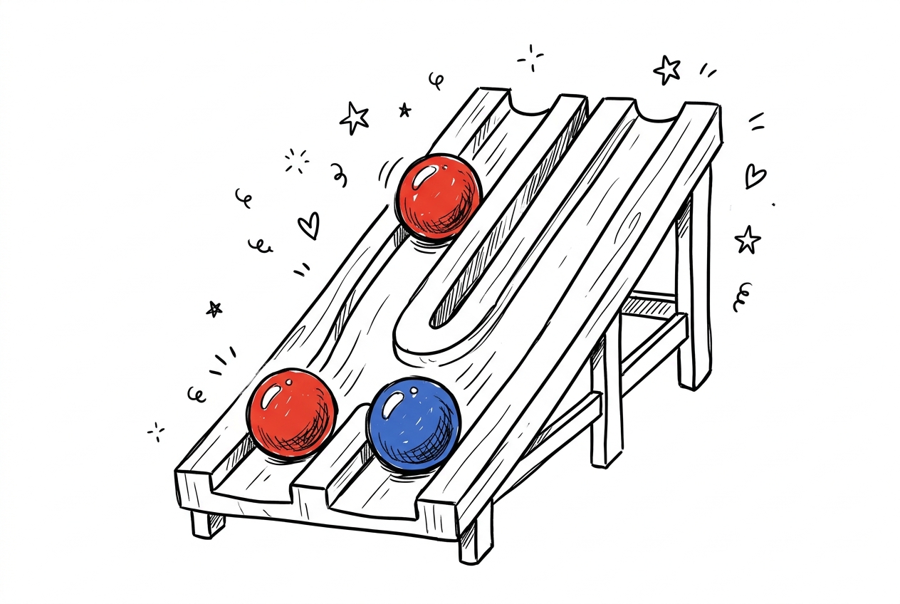 A cheerful hand-drawn doodle of a wooden ramp with two separate grooved tracks at the lower end, a fire-engine red marble in the left lane and a cobalt blue marble in the right lane, both rolling toward a single merged groove at the top of the ramp, with hand-drawn stars, hearts, and curling doodle marks scattered around the ramp on a clean white background.
