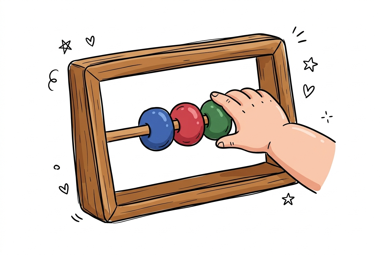 A cheerful hand-drawn doodle of a small wooden abacus frame with three beads on a single rod — a cobalt blue bead on the left, a plump cherry red bead in the centre, and a forest green bead on the right — with a small child's hand sliding all three beads together so they touch in a snug row.