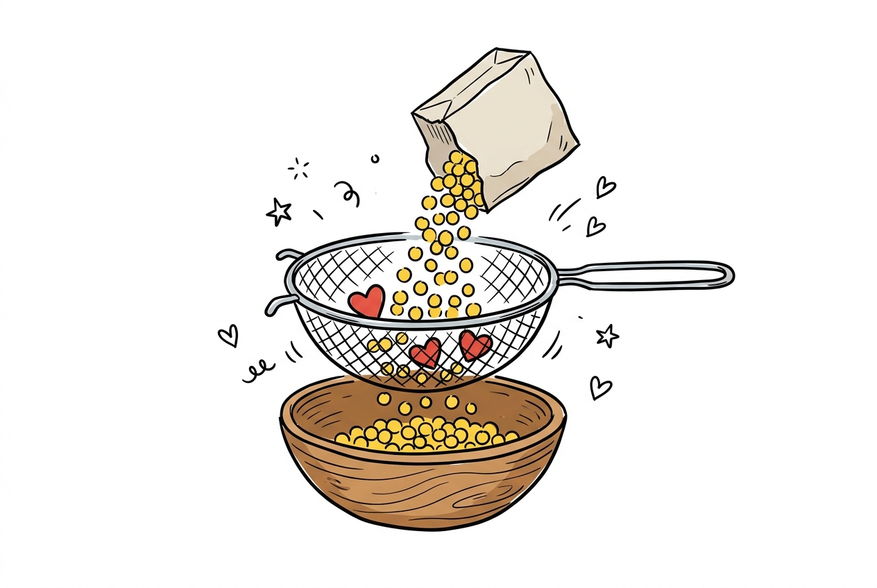 A cheerful hand-drawn doodle of a round mesh kitchen sieve held over a wooden bowl, with dozens of small round yellow beads streaming freely through the mesh into the bowl below, while three small red heart-shaped tokens rest caught in the sieve, separated from everything that passed through.