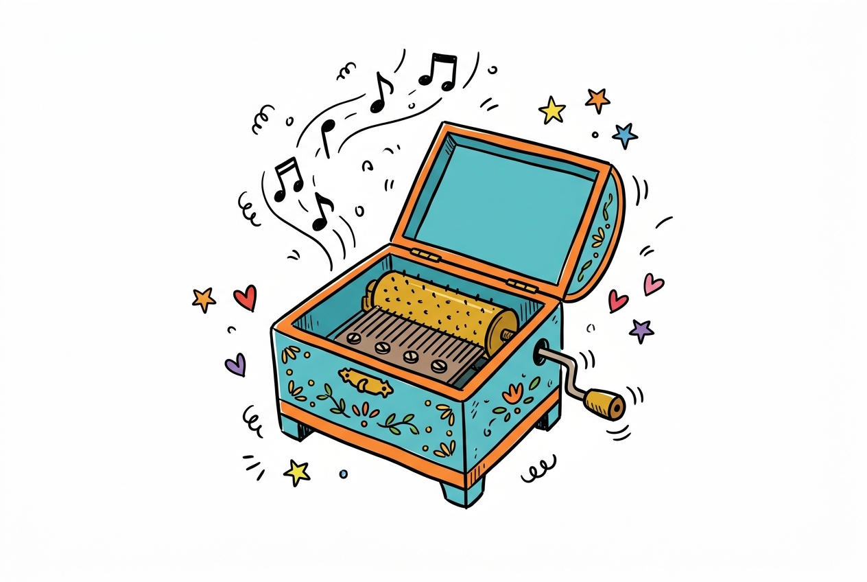 A cheerful hand-drawn doodle of a teal music box with orange trim and small painted flowers, its lid raised open to reveal a golden brass cylinder studded with tiny pins and a ridged steel comb below it, a side crank handle vibrating mid-turn, with seven black musical notes floating up in a swirling arc from the open lid, and colourful stars and hearts in red, orange, yellow, blue, and purple scattered around the box on a clean white background.