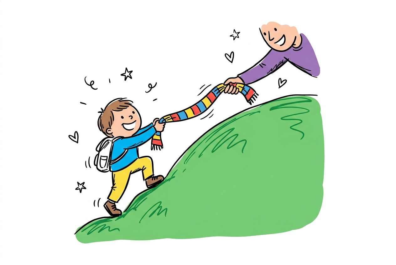 A cheerful hand-drawn doodle of a small child climbing a soft green hill holding one end of a striped scarf while a parent's arm reaches down from the hilltop holding the other end steady.