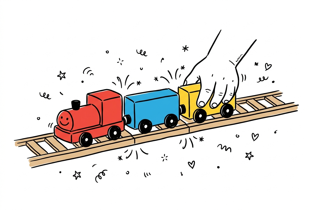 A cheerful hand-drawn doodle of a child's hand pushing three colourful toy train carriages together along a wooden track at the moment they click into one train.