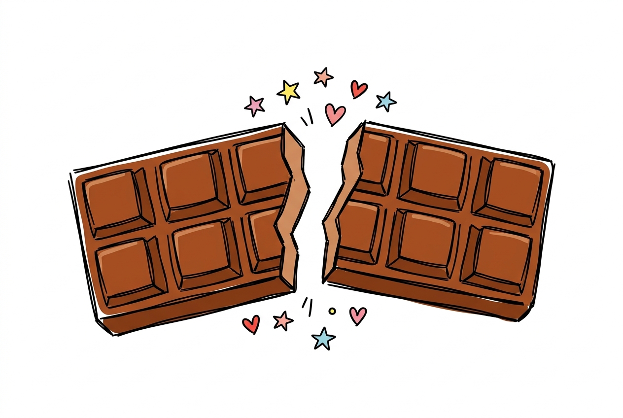 A cheerful hand-drawn doodle of a rectangular milk chocolate bar snapping apart at its centre — the left half with six squares in a three-by-two grid tilting to the left, the right half with six squares in a three-by-two grid tilting to the right, the jagged broken edges facing each other — with small colourful stars and hearts in pink, yellow, red, and blue floating above and below the break on a clean white background.