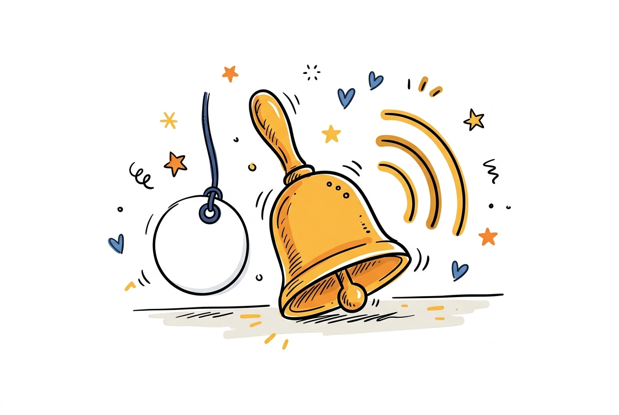 A cheerful hand-drawn doodle of a golden bell mid-ring with three sound-wave arcs rising to its right, and a blank round white price tag hanging on a string to its left, with scattered stars and hearts around both objects.