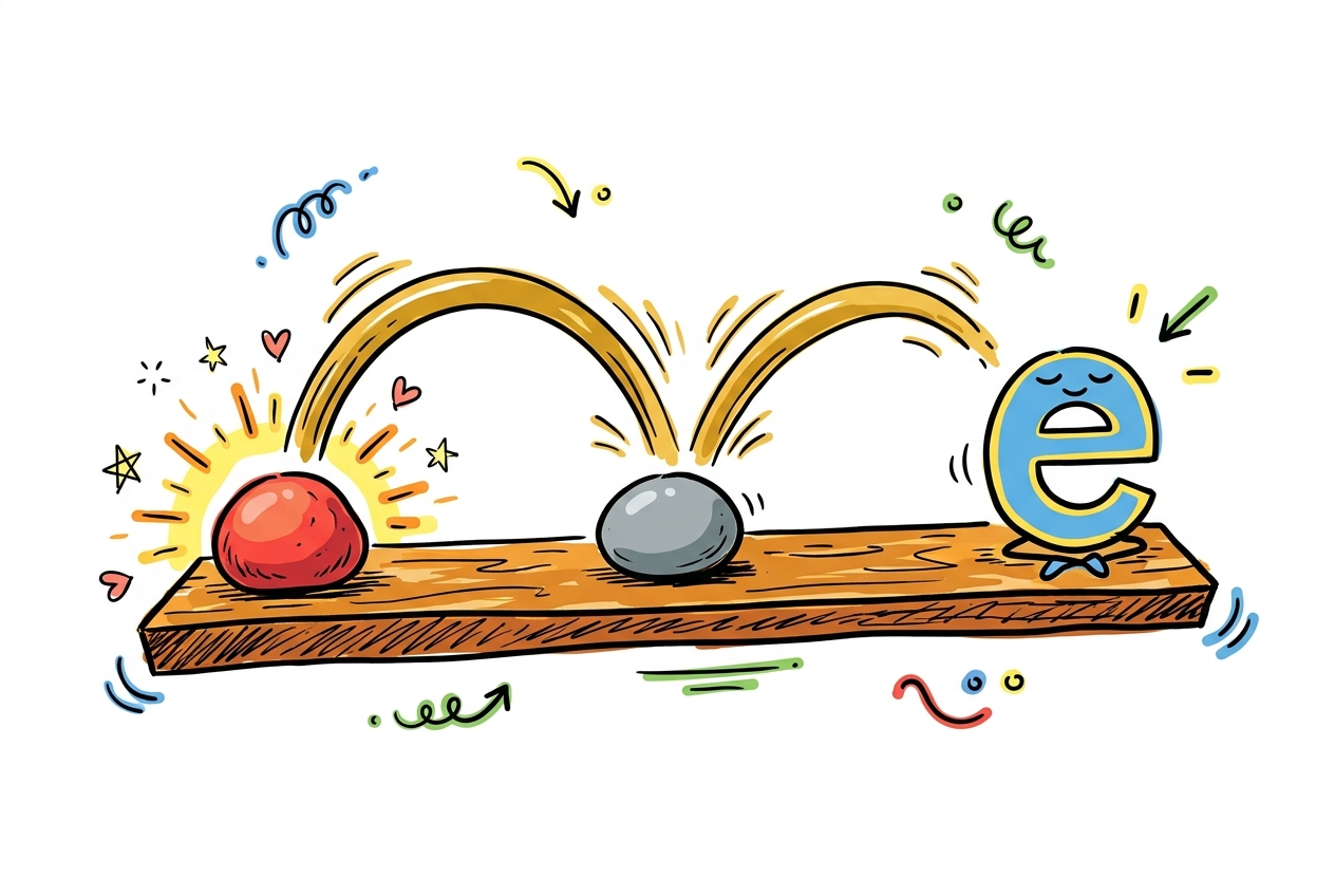 A cheerful hand-drawn doodle of a blue lowercase letter e sitting cross-legged with eyes closed at the right end of a wooden plank, with two golden arcs leaping from it leftward over a grey pebble resting in the middle of the plank, landing on a red stone at the left end that radiates bright golden light, with small stars, hearts, and curling doodle marks scattered around the glowing stone.