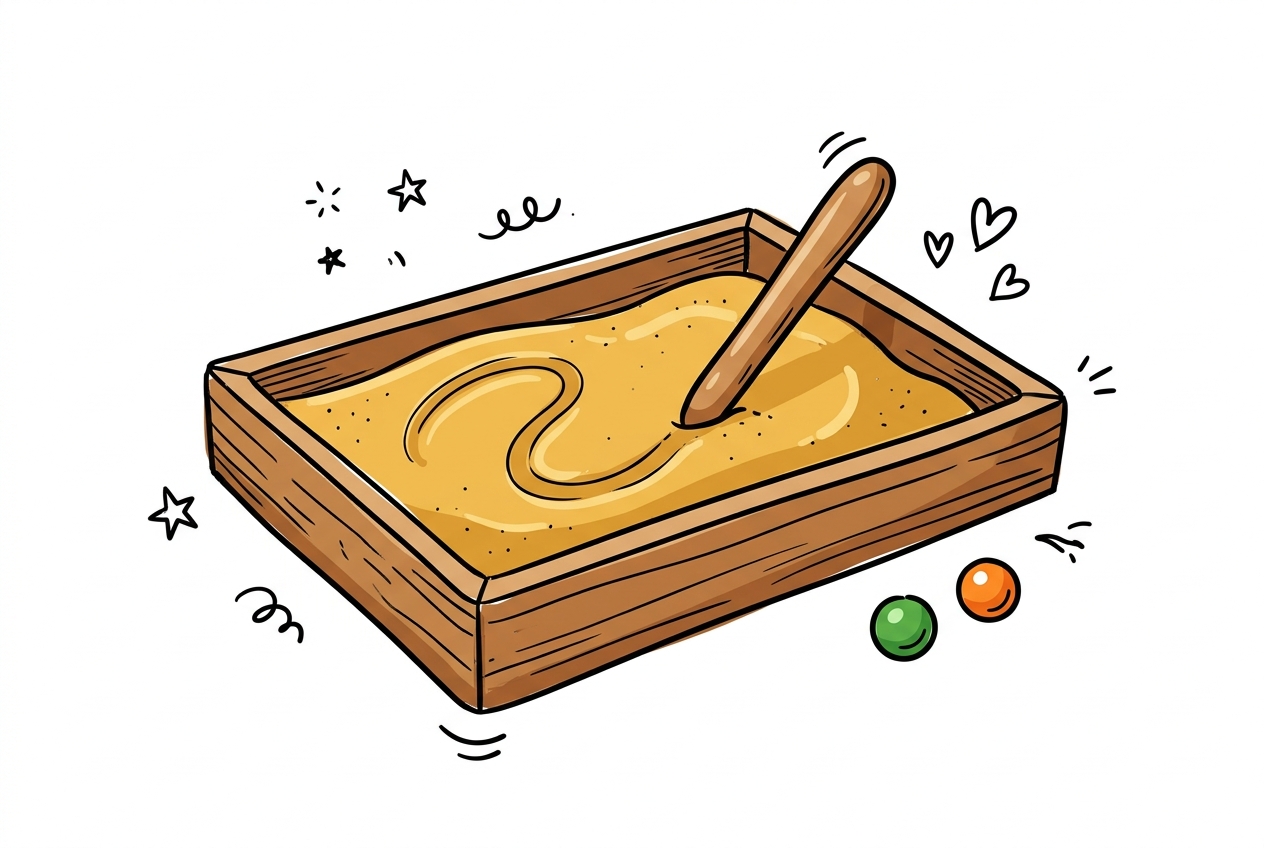 A cheerful hand-drawn doodle of a shallow rectangular wooden sand tray seen from a slight angle, a rounded wooden stylus resting diagonally in the fine golden sand with a looping swirling groove traced through it forming a curved wave shape, two small round beads in forest green and bright orange sitting beside the tray at the lower right, with hand-drawn outline stars, small hearts, and curling spiral marks scattered around the scene on a clean white background.