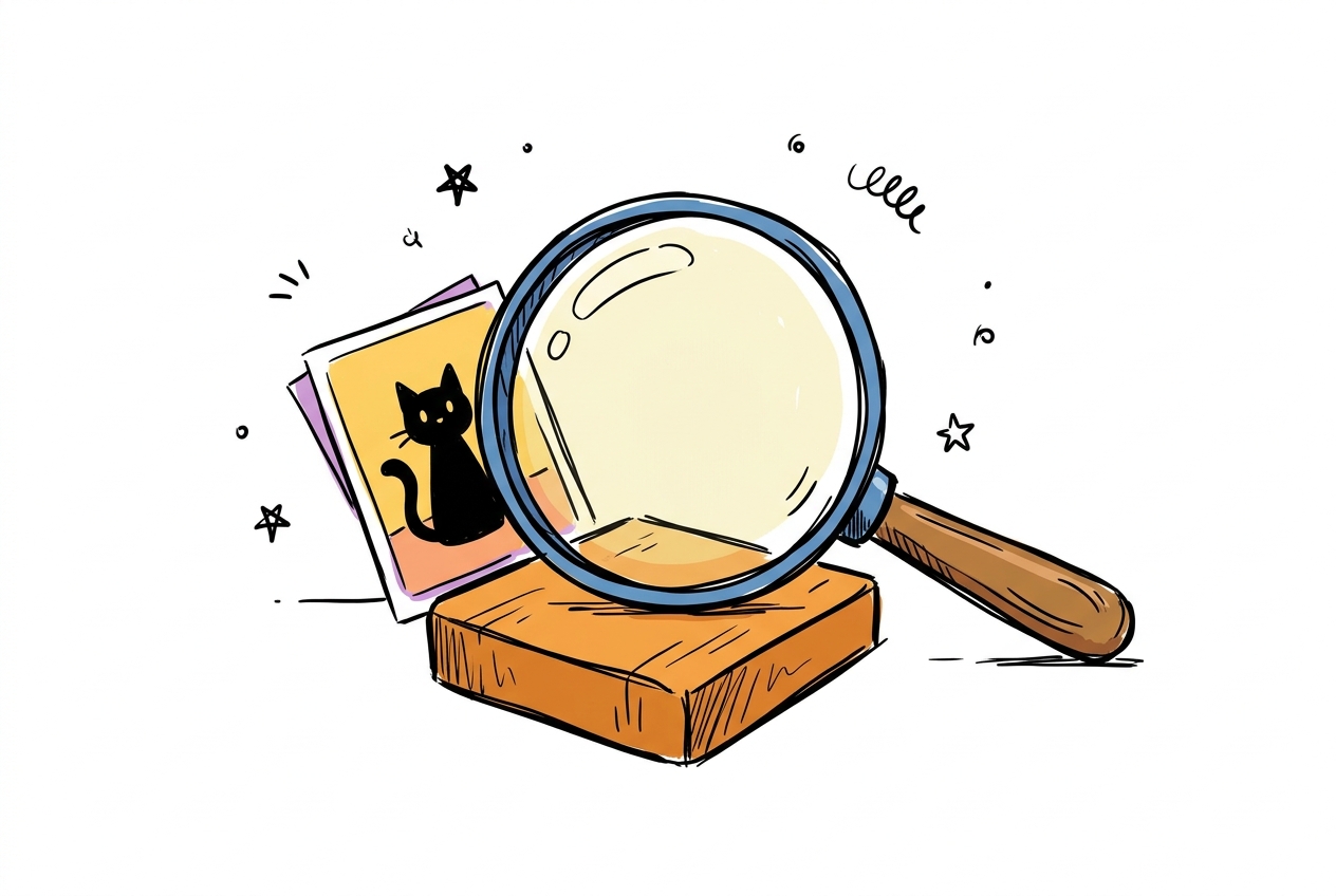 A cheerful hand-drawn doodle of a round magnifying glass with a brown wooden handle resting its lens over a chunky golden wooden tile, while a polaroid picture card showing a black cat silhouette leans against the left side of the magnifying glass, with scattered hand-drawn stars and squiggles around them on a clean white background.