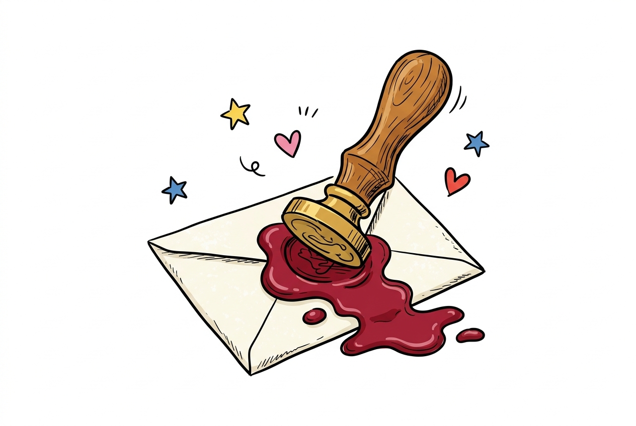 A cheerful hand-drawn doodle of a brass wax seal stamp with a wooden handle pressed firmly into a cream envelope, a pool of deep crimson wax spreading across the envelope's flap around the stamp's brass head, with a small stray drop of wax beside the main pool and yellow stars, blue stars, a pink heart, and a red heart floating around the scene on a clean white background.