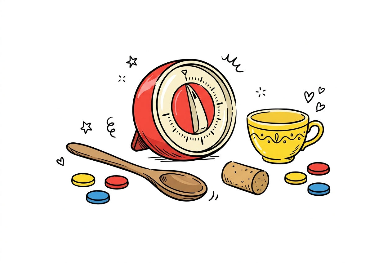 A cheerful hand-drawn doodle of a round red kitchen egg-timer propped upright in the centre of the scene, with a wooden spoon lying diagonally in the foreground, a yellow ceramic teacup standing to the right, and a small cork on its side between them, with six flat round tokens in yellow, red, and blue scattered across the foreground as if a counting game is mid-play, and small stars, curls, and hearts floating around the objects.