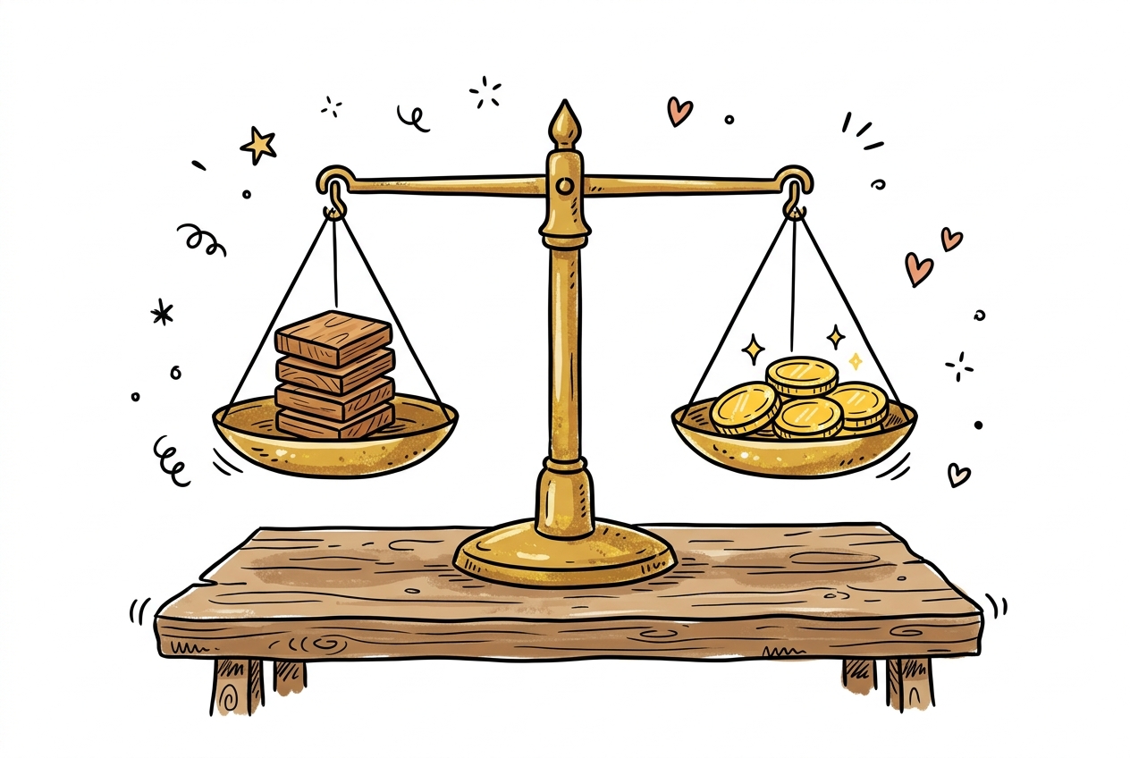 A cheerful hand-drawn doodle of a brass two-pan balance scale on a wooden table, the left pan holding a neat stack of small square wooden tiles and the right pan holding five gleaming gold coins, both pans suspended at exactly the same level showing perfect balance, with hand-drawn outline stars, red hearts, and zigzag squiggle marks scattered around the scene on a clean white background.