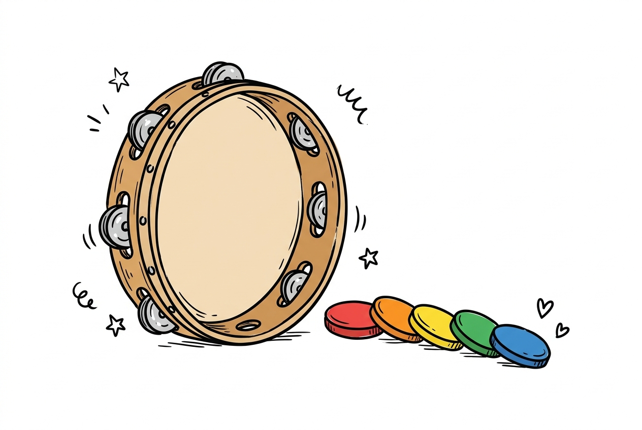 A cheerful hand-drawn doodle of a wooden tambourine propped upright on a white surface, its circular face and silver rim jingles clearly visible, with five flat round tokens in red, orange, yellow, green, and blue arranged in a row to the right of the tambourine, each token slightly overlapping the next, with small hand-drawn stars, hearts, and curling doodle marks scattered around both objects on a clean white background.