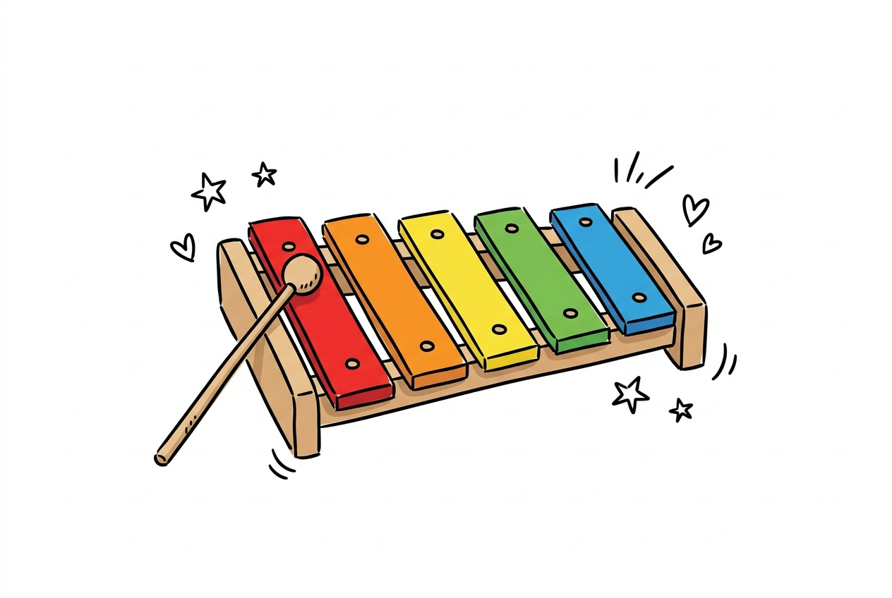 A cheerful hand-drawn doodle of a wooden toy xylophone with five brightly coloured bars in red, orange, yellow, green, and blue, with a small wooden mallet resting diagonally across the red bar at the left end as if about to strike the first note, surrounded by hand-drawn stars and hearts on a white background.