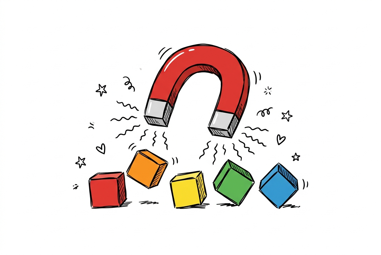 A cheerful hand-drawn doodle of a large classic red horseshoe magnet with silver-tipped poles hovering above five small colourful wooden cubes scattered on a white surface — one red, one orange, one yellow, one green, one blue — each cube tilting and leaning toward the magnet as if being drawn in by its invisible pull, with wavy squiggly lines radiating from between the poles and small stars and hearts scattered across the scene.