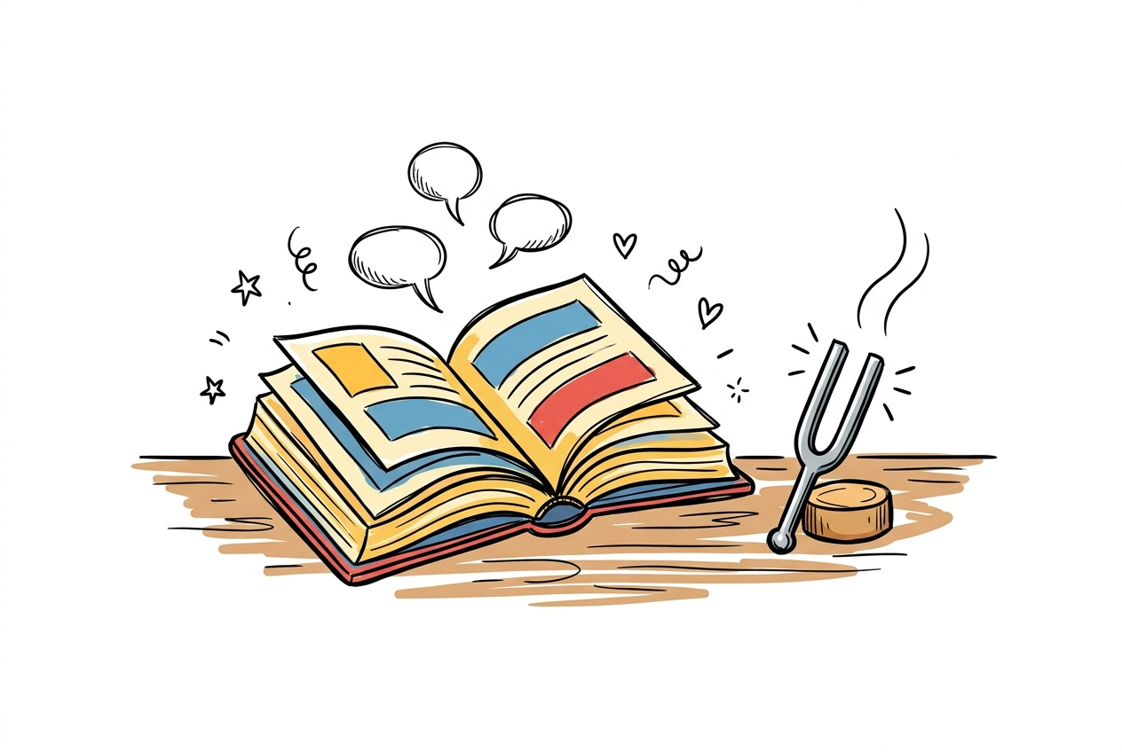 A cheerful hand-drawn doodle of a plump open storybook on a warm wooden surface with colourful pages bowing wide, three empty speech bubbles floating upward from the pages amid scattered stars and hearts, while a silver tuning fork stands upright beside a small wooden disc on the same surface, with two wavy vibration lines curling from its prongs.