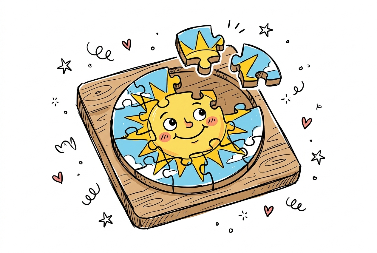 A cheerful hand-drawn doodle of a wooden jigsaw puzzle board seen at an angle, showing an almost-complete circular picture of a smiling golden sun with rosy cheeks against a blue sky, two puzzle pieces hovering just above their gaps at the top as if about to click in to finish the picture, with hand-drawn outline stars, pink hearts, and black curling squiggles scattered around on a clean white background.