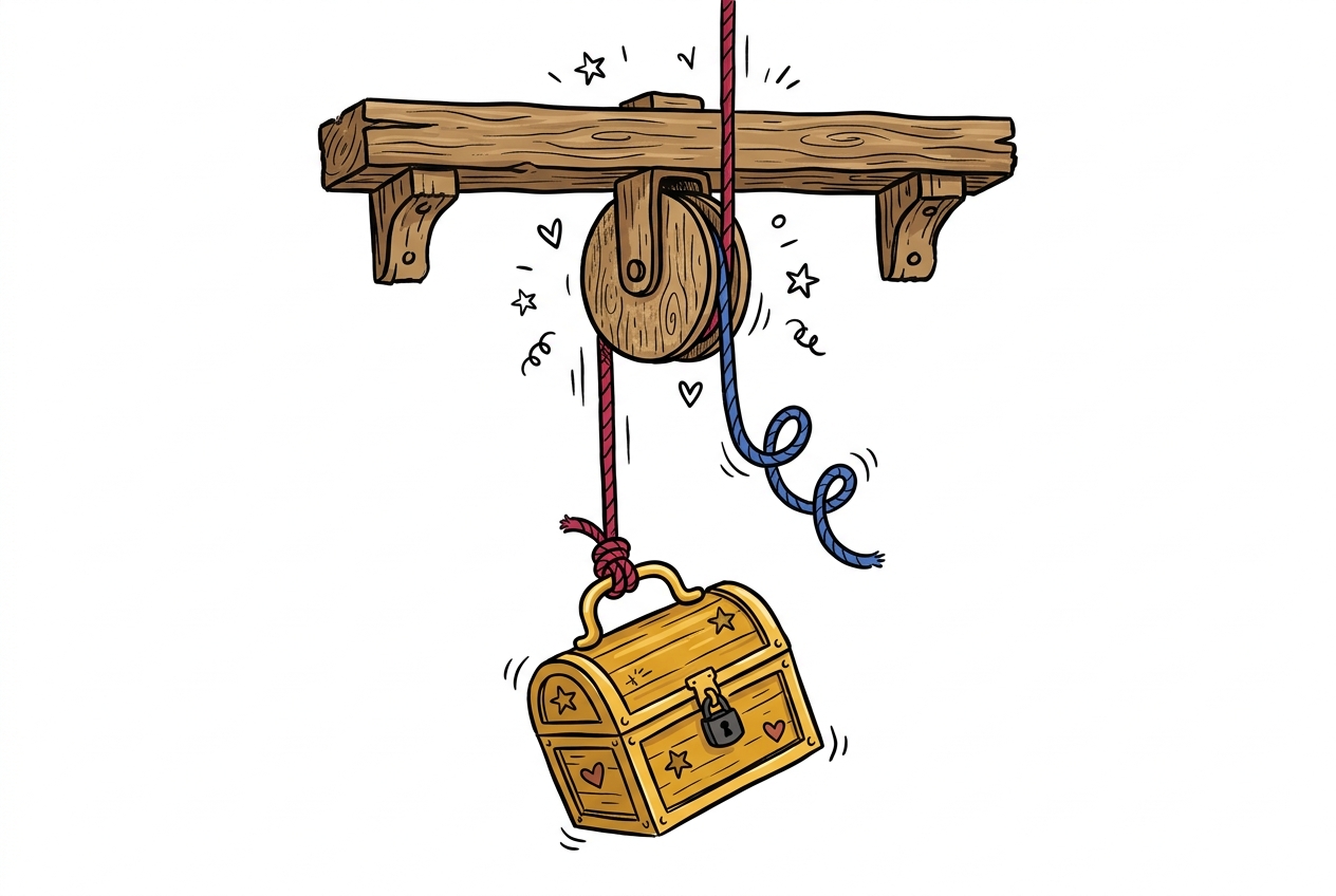 A cheerful hand-drawn doodle of a wooden pulley wheel mounted on a sturdy beam, with two ropes threaded through it — one crimson, one cobalt blue — both ropes looped around the handle of a small golden wooden chest at the bottom. The crimson rope is pulled taut and straight while the cobalt rope hangs loose and slack, leaving the chest tilted awkwardly and only halfway lifted, with small stars and hearts scattered around the pulley on a clean white background.