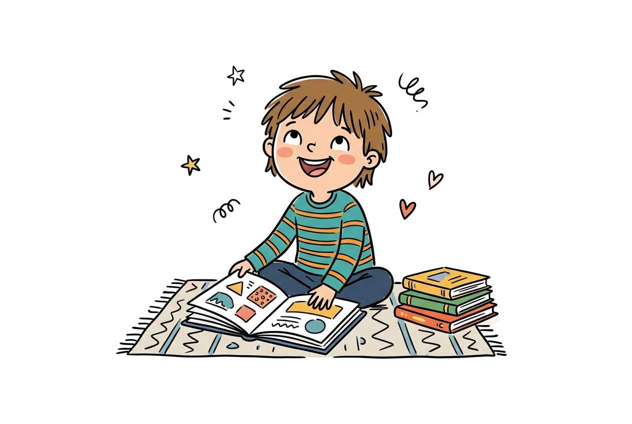 A cheerful hand-drawn doodle of a young child sitting cross-legged on a colourful rug, looking delighted while holding an open picture book.