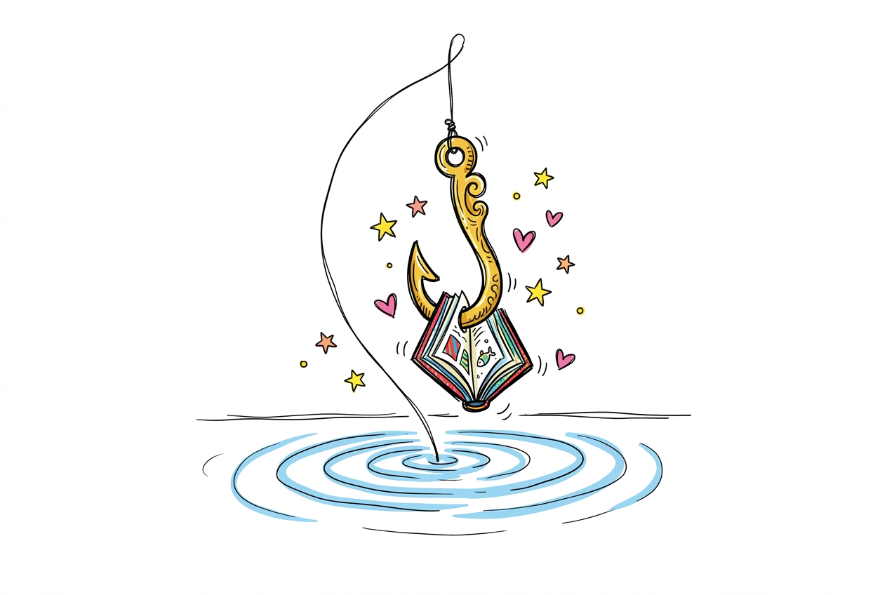 A cheerful hand-drawn doodle of a golden ornate fishing hook on a curved black line, an open colourful hardback book caught on its tip and spread wide, with the line trailing down into blue concentric water ripples, and yellow stars, pink hearts, and orange stars scattered around the hook and book on a clean white background.