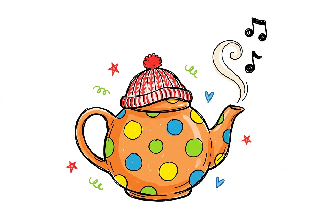A cheerful hand-drawn doodle of a plump orange ceramic teapot covered in large yellow, green, and blue polka dots, wearing a red and white striped knitted tea cosy with a red pom-pom on top, its spout releasing a curling wisp of cream-coloured steam with two black musical notes floating upward to its right, surrounded by small red stars, blue hearts, and green squiggle marks on a clean white background.