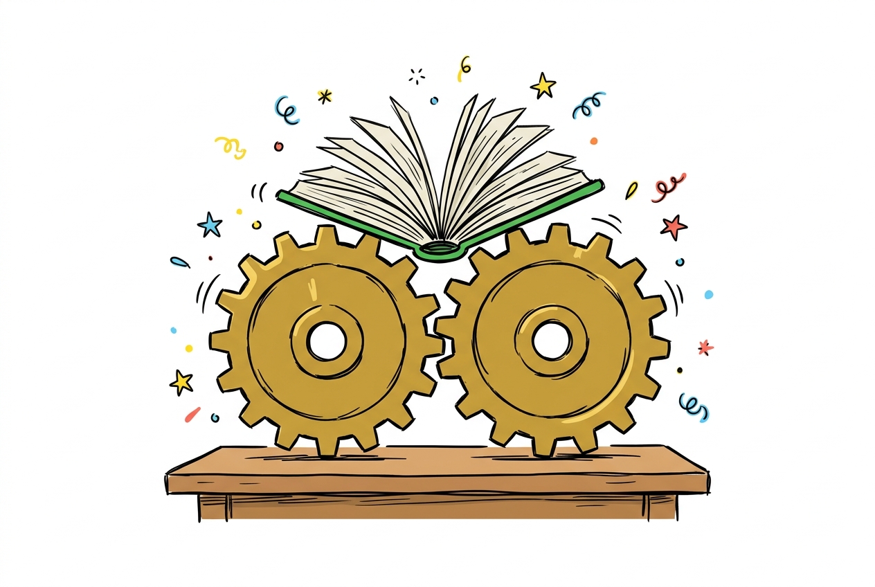 A cheerful hand-drawn doodle of two large golden brass cog wheels of equal size standing side by side on a wooden workbench, their teeth meshing together at the centre, with an open green hardcover book balanced at their tops where they meet, its pages fanning wide open, and colourful confetti marks — stars, dots, and curling ribbons in blue, red, yellow, and orange — scattered around them on a clean white background.