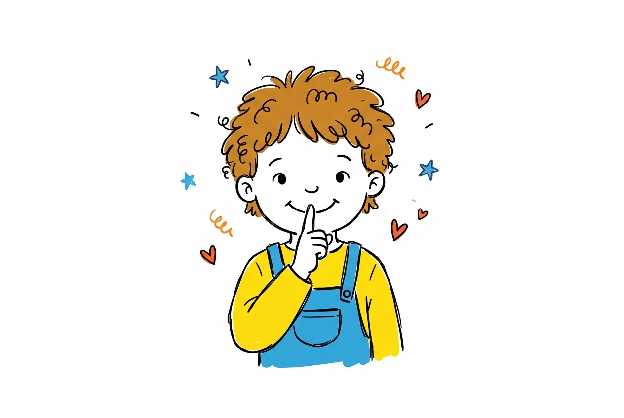 A cheerful hand-drawn doodle of a young child holding a finger to their lips, making a soft shhh sound.