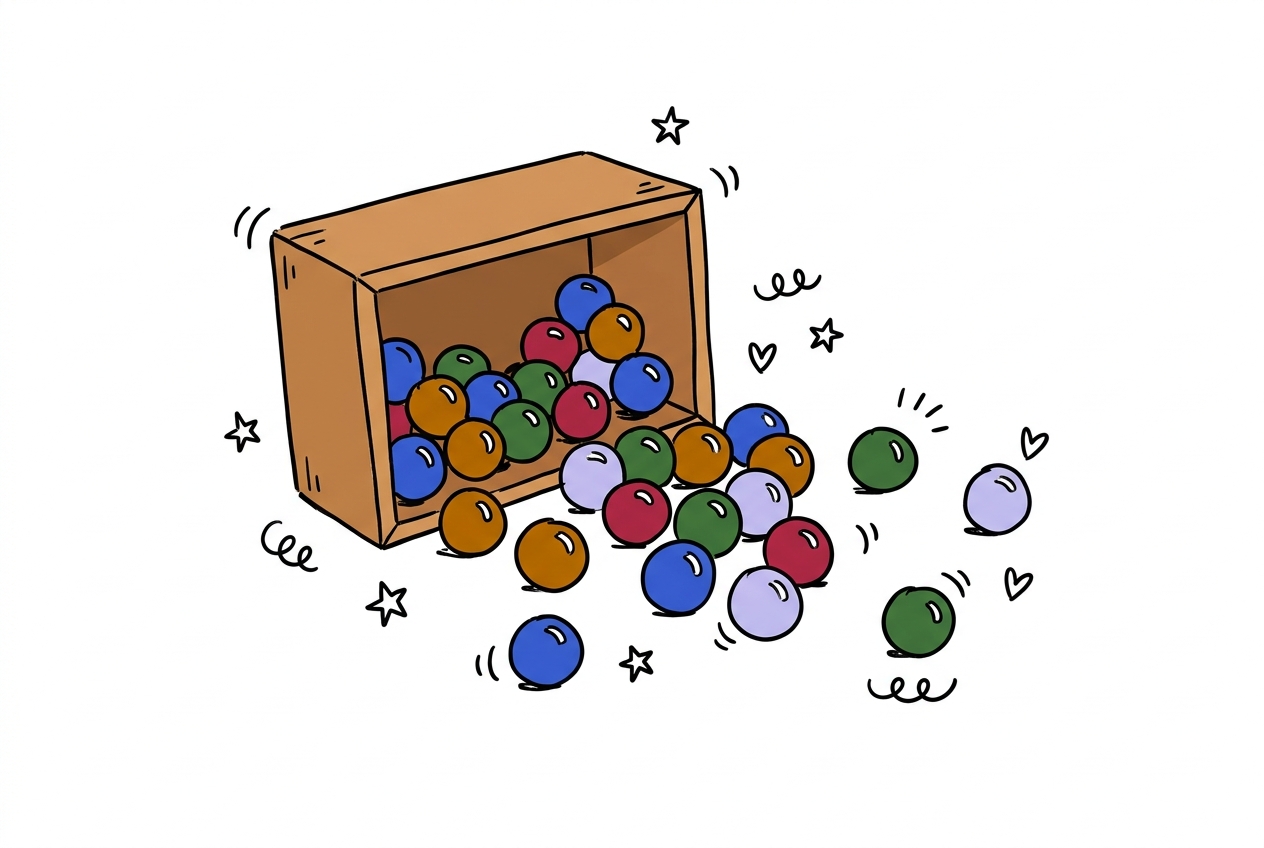 A cheerful hand-drawn doodle of a small open wooden box tipped on its side, dozens of small colourful balls rolling and spilling out across a clean white surface in a loose constellation — cobalt blue, amber orange, forest green, crimson, and pale lavender — with stars, hearts, and curling doodle marks scattered among them.