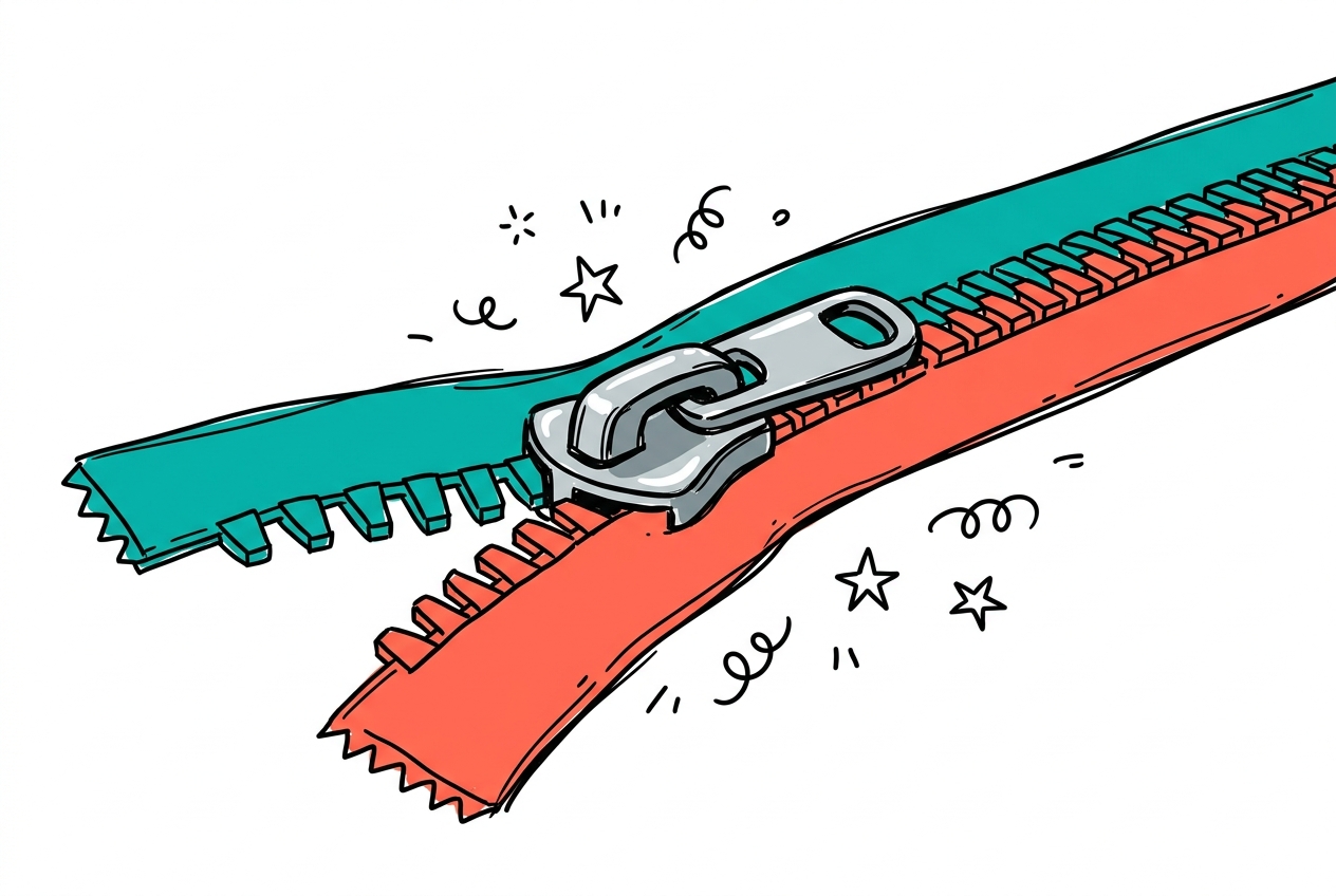 A cheerful hand-drawn doodle of a large colourful zipper laid flat, showing two jagged-toothed fabric tapes in vivid teal and coral being pulled together by a chunky chrome slider, the interlocked teeth behind the slider forming one smooth unified track, with bright stars and curling doodle marks scattered around the slider on a clean white background.