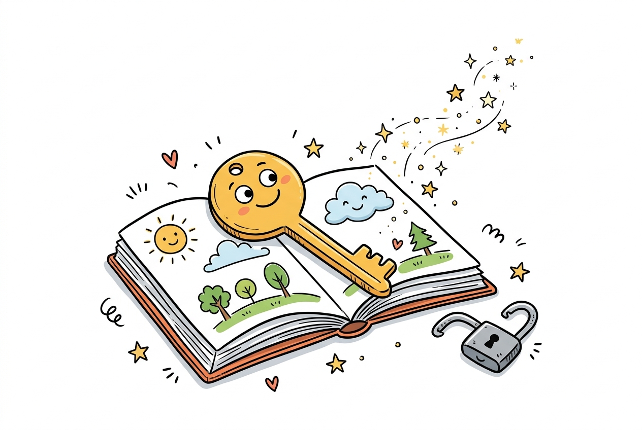 A cheerful hand-drawn doodle of a smiling golden key resting on an open picture book beside a tiny unlocked padlock, with a trail of stars rising from the pages.
