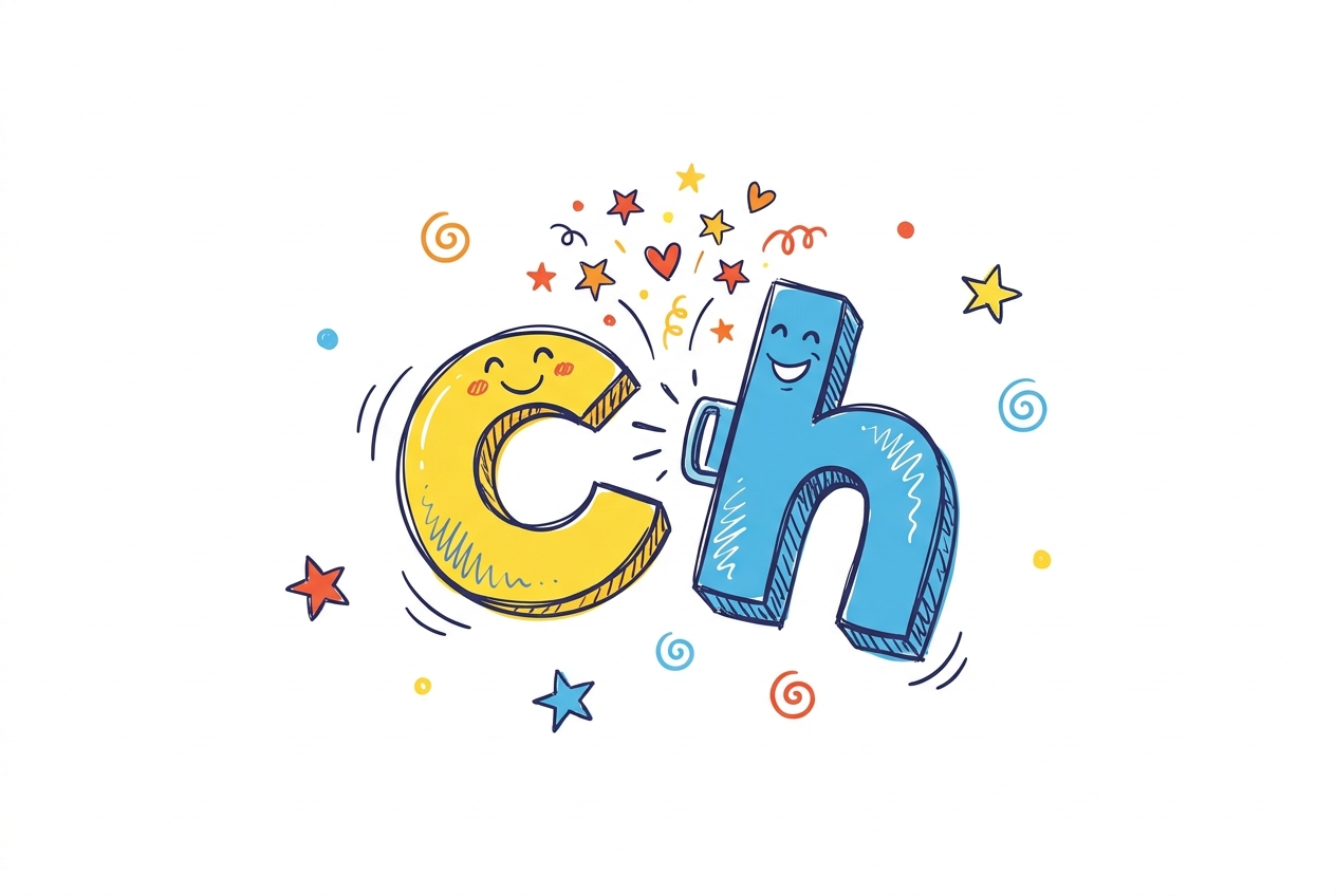 A cheerful hand-drawn doodle of a smiling golden letter c and a smiling blue letter h snapping together mid-air, with a joyful burst of colourful stars, hearts, and confetti erupting between them as they click into place as a pair.
