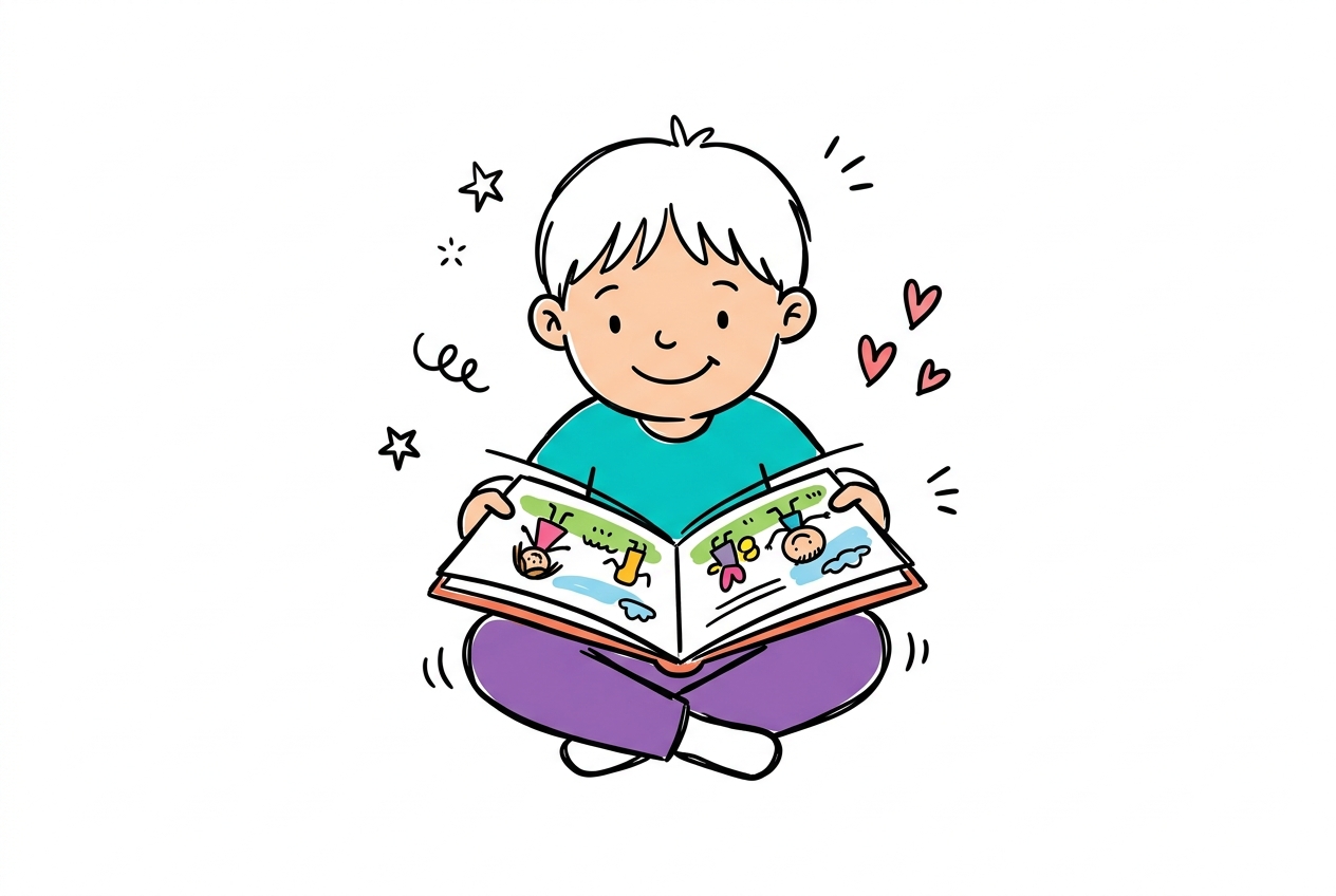 A cheerful hand-drawn doodle of a young child joyfully reading an open picture book.