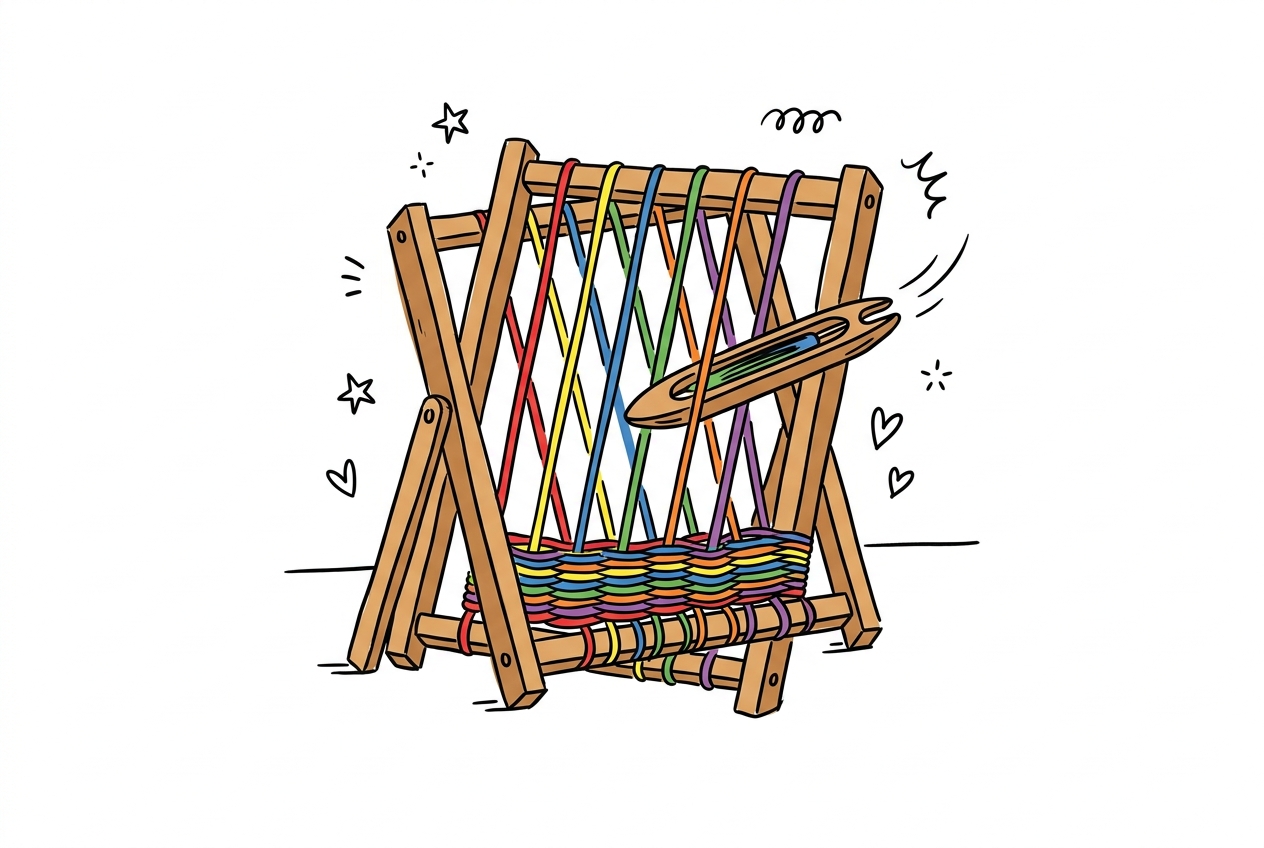 A cheerful hand-drawn doodle of a wooden A-frame hand loom standing upright with six coloured threads — red, yellow, blue, green, orange, and purple — crossing through its frame, a pointed wooden shuttle mid-air and in motion between the threads, and a section of rainbow-coloured woven cloth already built up at the base where all six threads have been caught together, with small hand-drawn stars and hearts floating around the frame.
