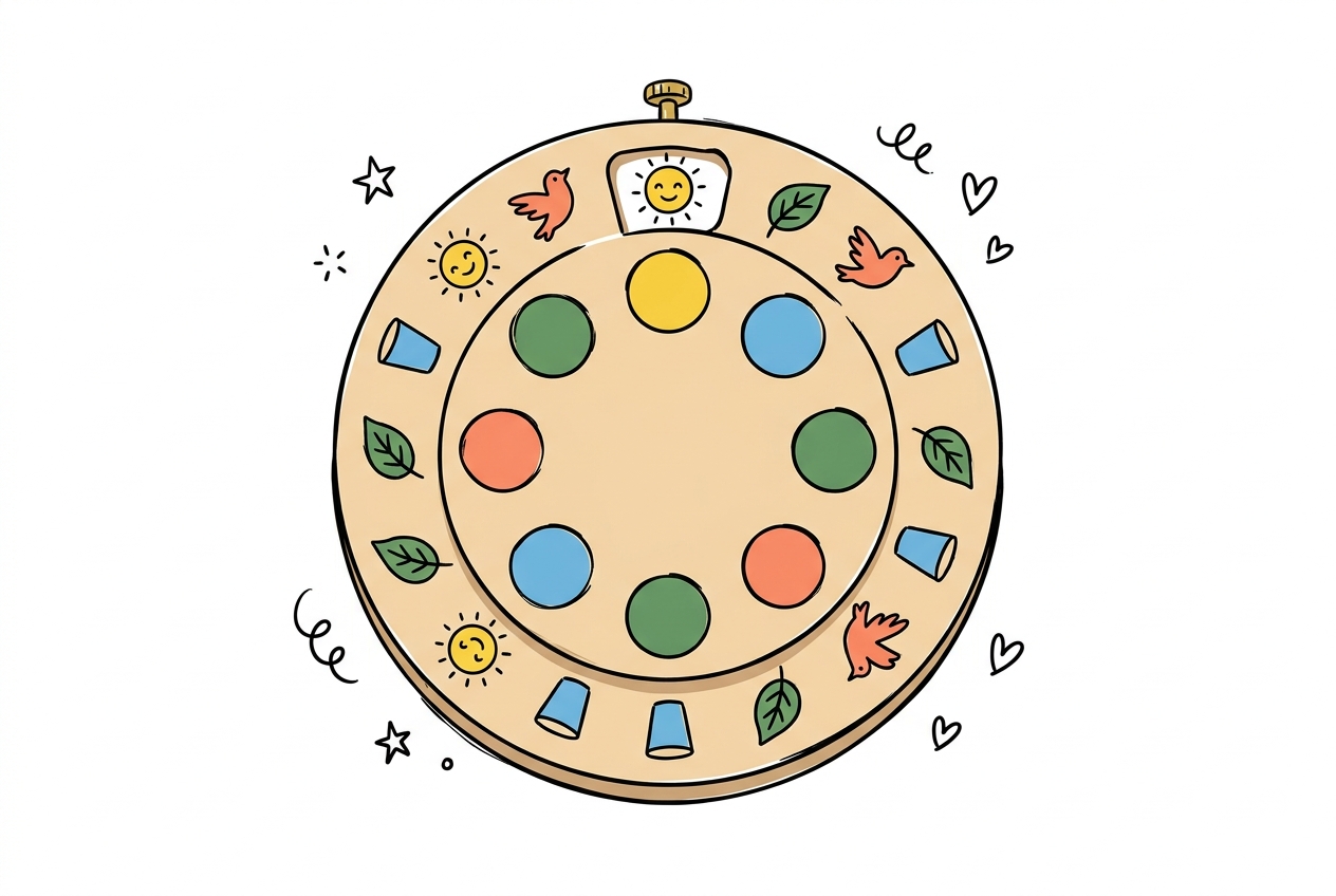 A cheerful hand-drawn doodle of a flat round wooden cipher dial resting on a white surface — two concentric ring discs, the outer ring bearing small hand-doodled icons of a sun, a cup, a leaf, and a bird spaced evenly around it, the inner ring bearing matching coloured circles in sunflower yellow, sky blue, forest green, and coral, a small cut-out window revealing one aligned sun-and-yellow-circle pairing as if the first decode has been made, a tiny brass thumb-pin at the rim holding the alignment, with yellow stars, pink hearts, and blue swirl marks scattered around the dial.