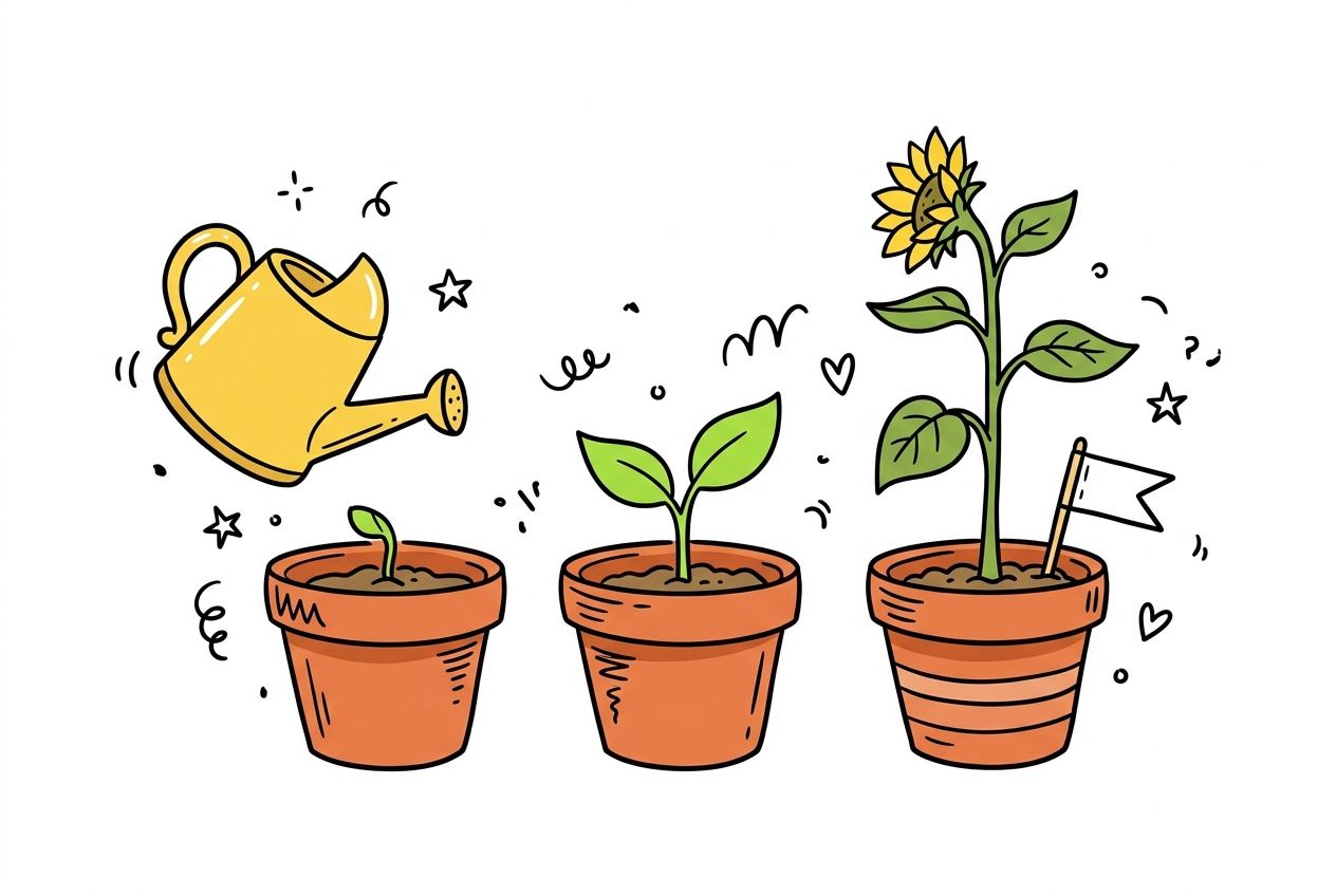 A cheerful hand-drawn doodle of three small terracotta flowerpots in a row, each cradling a seedling at a noticeably different height: the shortest barely sprouting from the soil, the middle one with two fresh green leaves, the tallest crowned with a bright sunflower head and a petite flag marker pushed into the pot, while a plump yellow watering can tilts playfully above the smallest pot as if about to water it.