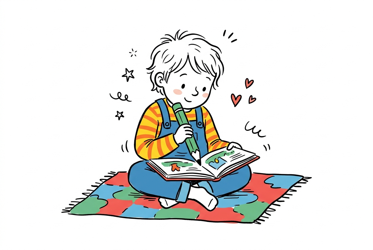A cheerful hand-drawn doodle of a young child sitting cross-legged on a colourful rug, holding a chunky green pencil and looking at an open picture book with a gentle smile.