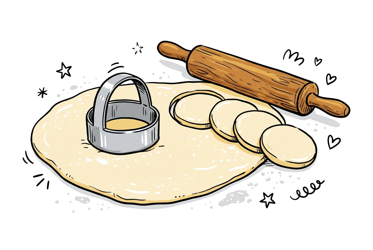A cheerful hand-drawn doodle of a round metal biscuit cutter pressed firmly into flat rolled-out pale cream dough on a lightly floured white surface, with four identically-shaped round raw dough circles already cut and laid in a neat row to the right, a wooden rolling pin resting diagonally behind them, and small hand-drawn stars and hearts scattered around on a clean white background.